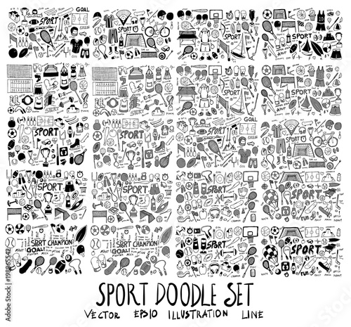 Hand drawn doodle vector line Sport element icon set on White background eps10