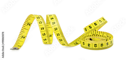 Yellow measuring tape isolated on white background.