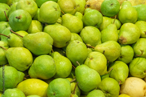 A pile of green "Williams" pears in store as background, texture