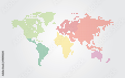 Dotted world map. Continents of the World map with colorful dots.