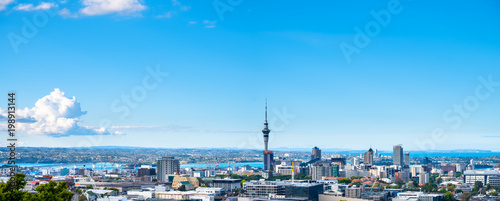Panorama, Landscape of Auckland City, New Zealand with the sea, tower, blue sky and cloud. View from Mt. Eden
