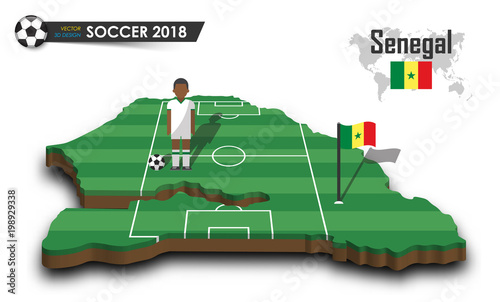 Senegal national soccer team . Football player and flag on 3d design country map . isolated background . Vector for international world championship tournament 2018 concept