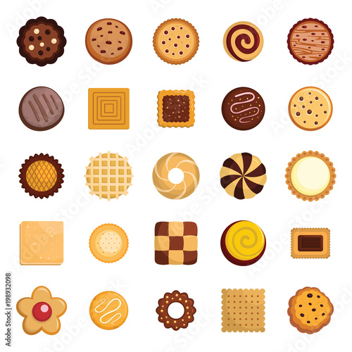 Cookies biscuit icons set. Flat illustration of 25 cookies biscuit vector icons for web