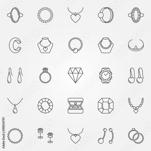 Jewelry icons set - vector diamond, rings, bracelet signs