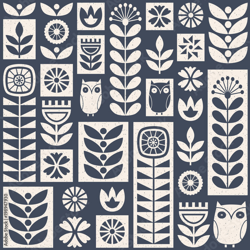 Scandinavian folk art seamless vector pattern with flowers, plants and owls on worn out texture in minimalist style