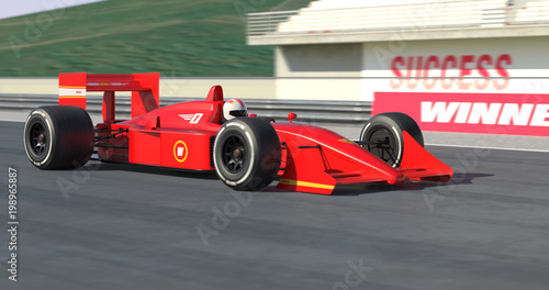 Red Racing Car Crossing Finish Line And Winning The Race - High Quality 3D Rendering With Environment