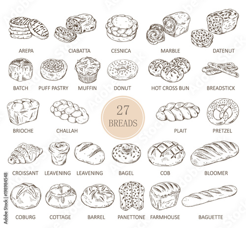 Isolated sketches of bread types