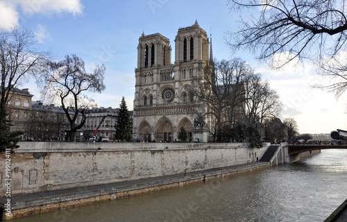 Notre Dame cathedral view from the Seine river.