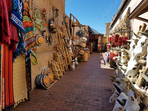 Spanish / Mexican Style Alley Way Filled With Local Vendor Goods; Travel and Tourism Concepts