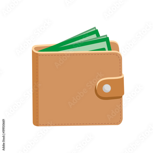 Wallet. Leather wallet and dollars. Vector illustration. Isolated on white.