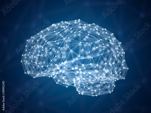 Abstract digital brain, dots and lines in form of human brain, artificial intelligence concept, triangulated brain, polygonal model, 3d rendering