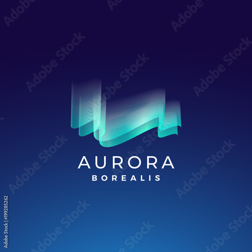 Aurora Borealis Abstract Vector Sign, Emblem or Logo Template. Premium Quality Northern Lights Symbol in Blue Colors with Modern Typography. On Dark Background