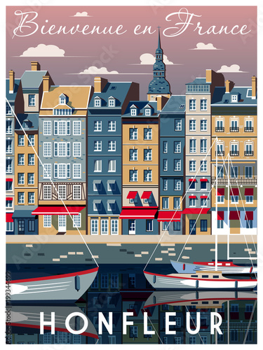 A Sunny day in the port of Honfleur, Normandy, France. Handmade drawing vector illustration. Vintage style. All buildings - customizable different objects.