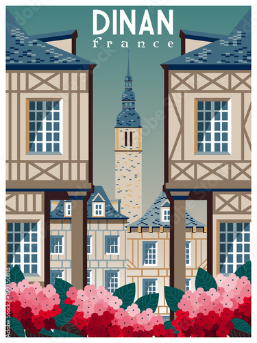 Retro poster about traveling to Dinan, France. Handmade drawing vector illustration. Vintage cartoon style. All Buildings - customizable different objects.