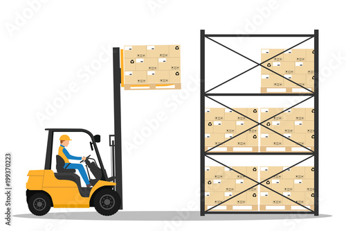 Forklift with man driving in the warehouse
