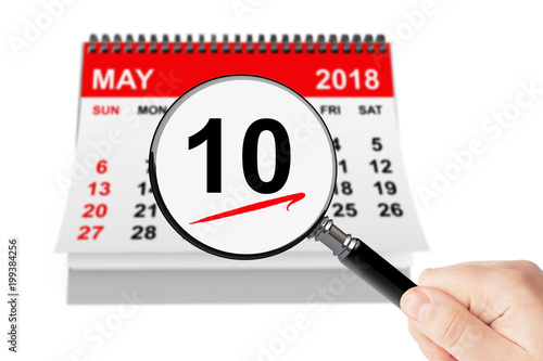 Ascension Day Concept. 10 may 2018 calendar with magnifier