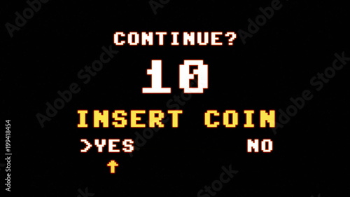 The request to insert a coin to continue playing (after a game over screen). 8-bit retro style, high glowing aura. 