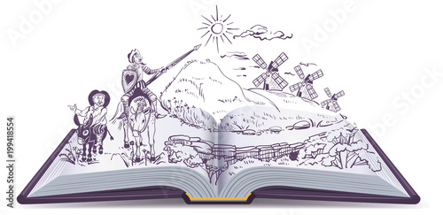 Don Quixote open book vector cartoon illustration