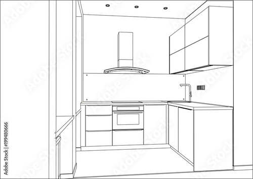 3D vector illustration. Modern kitchen design in home interior. Led spots. Kitchen sketch with decorations and appliances. Drawers. Cooker hood. Home Interior Design Software Programs.