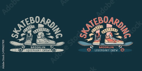 Skateboarding brooklyn retro emblem with legs in sneakers and skateboard
