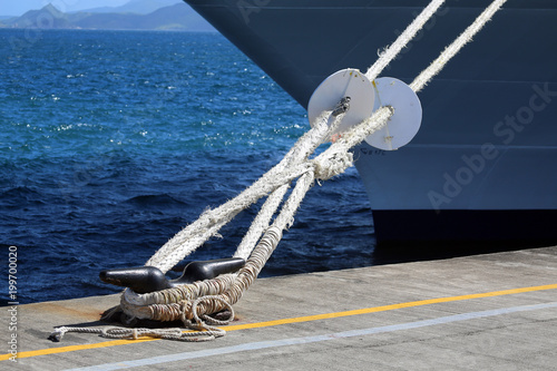 mooring lines with rat guards attached to cleat on pier, Lesser Antillies, Caribbean