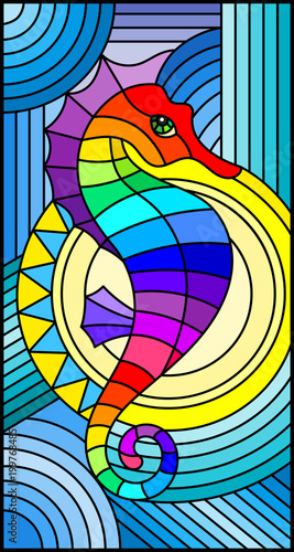 Illustration in stained glass style with fabulous abstract fish seahorse, rainbow fish on blue background