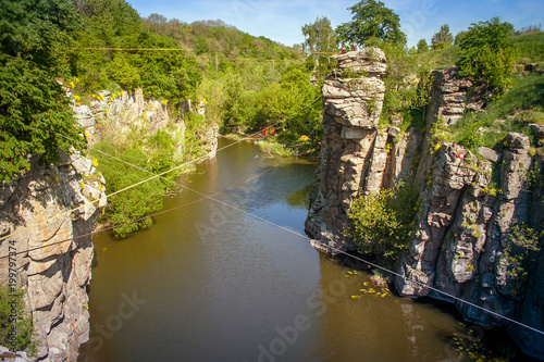 Terrific view of the River Canyon on a sunny day. Buky Canyon on the Hirs'kyi Takich river in Ukraine