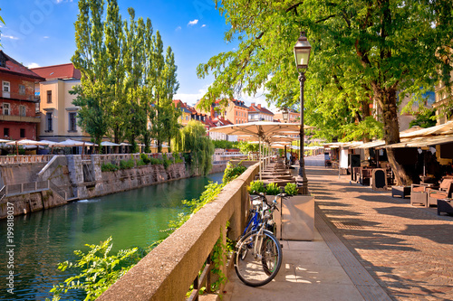 Ljubljana green riverfront promenade walkway summer view