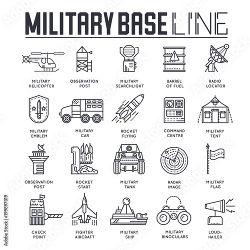 Thin line set of different rocket weapons and vehicles on military base concept. Outline military base vector illustrationd design