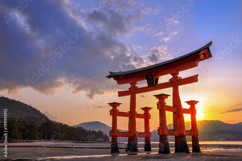 Great torii of Miyajima at sunset, japanese famous landmark near Hiroshima, Japan scenic landscape