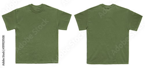 Blank T Shirt color military green template front and back view on white background