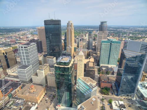 Minneapolis, Minnesota Skyline seen from above by Drone in Spring