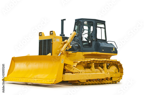 Bulldozer loader machine for earthmoving works on white