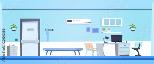 Empty Hospital Staff Room Background Clinic Interior With Bed< Desk And Computer Flat Vector Illustration