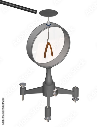 Charged object and diverge leaves electroscope. Physics education science classrooms experiment. Demonstration the principles of electrostatics. 3D illustration isolated on a white background.