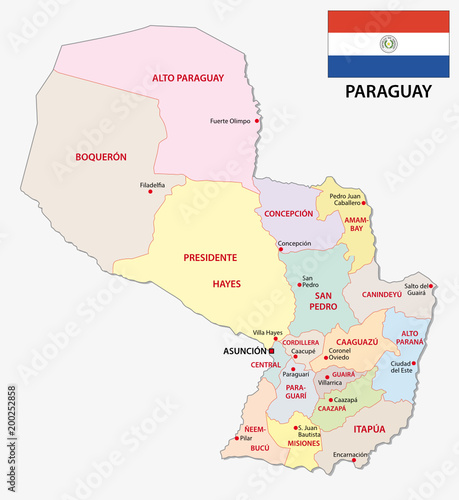 paraguay administrative and political vector map with flag