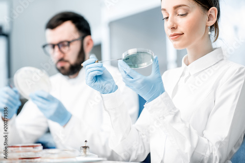 Couple of medics in uniform making bacteriological tests sitting in the modern laboratory