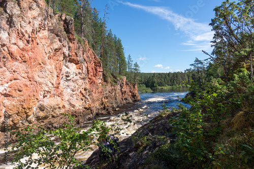 High spruce on the rocks above the stormy river, Finland