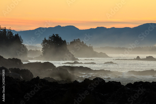 Dramatic dawn over rocky coast of Vancouver Island.