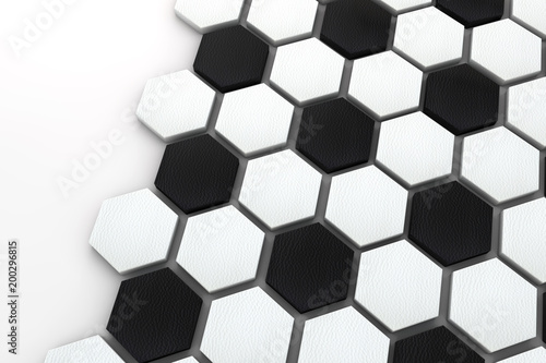Soccer ball hexagon background. black and white football pattern. 3d Rendering