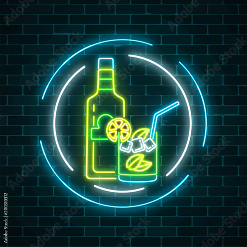 Neon sign of tequila bar with bottle and drink in glass in circle frames. Mexican alcohol drink pub emblem in neon style