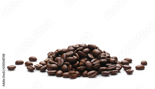 Pile coffee beans isolated on white background and texture