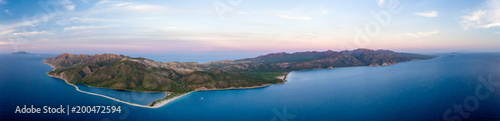 Aerial panoramic views of isla San Jose, Baja California Sur, Mexico. Sea of cortez.