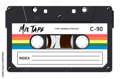 Cassette with retro label as vintage object for 80s revival mix tape design