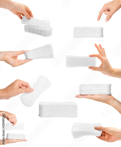 set of different white sanitary napkin with hand. isolated on white background