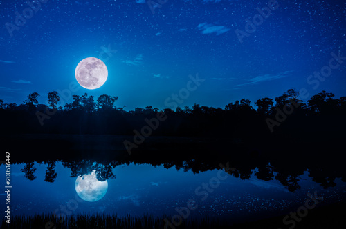 Fantasy sky and bright full moon above silhouettes of trees and lake.
