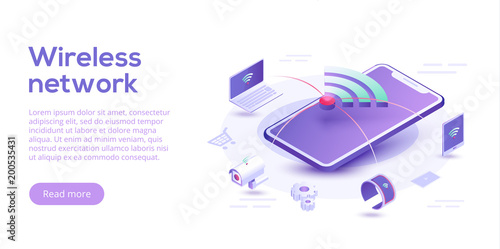 Internet of things layout. IOT online synchronization and connection via smartphone wireless technology. Smart home concept with isometric icons and symbols. Vector illustration.