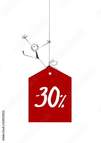 Sale tag -30% with a happy stick figure