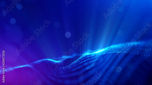 science fiction background of glowing particles with depth of field and bokeh. Particles form line and abstract surface grid. 3d rendering V13 blue