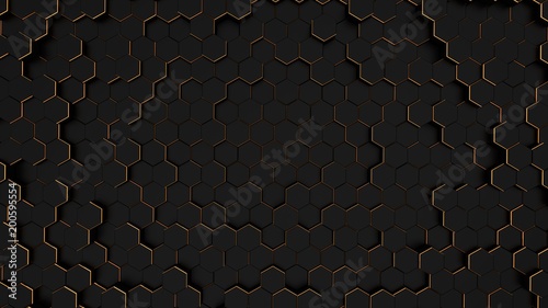 3d render abstract background. Black with gold sides of the pentagon.